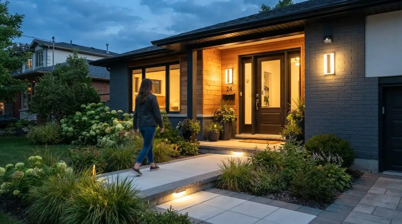 well-lit home entrance with outdoor security lights and clear pathway visibility