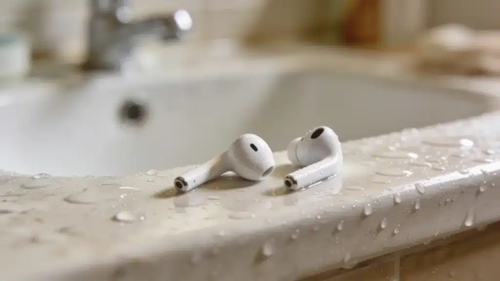 Wet AirPods lying on a bathroom sink edge with water droplets around them after splash exposure