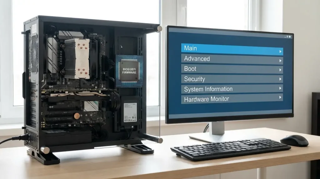 what is bios in computer, motherboard firmware chip beside a monitor showing a bios setup screen