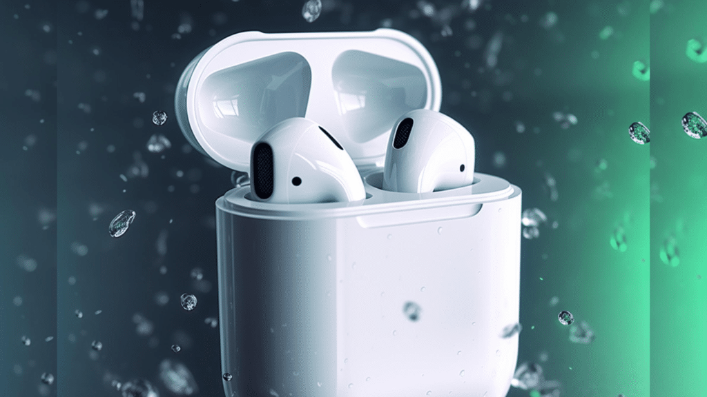 white airpods with water droplets and splash effect showing earbuds exposed to moisture conditions