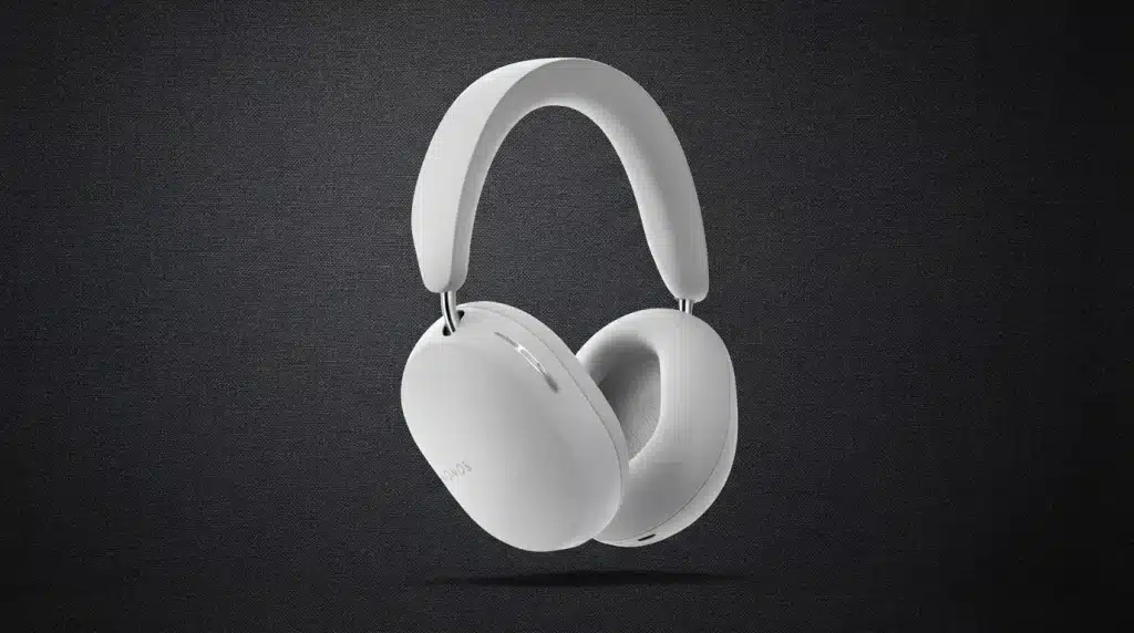 white over ear sonos ace headphones shown at an angle with cushioned headband and ear cups on dark background