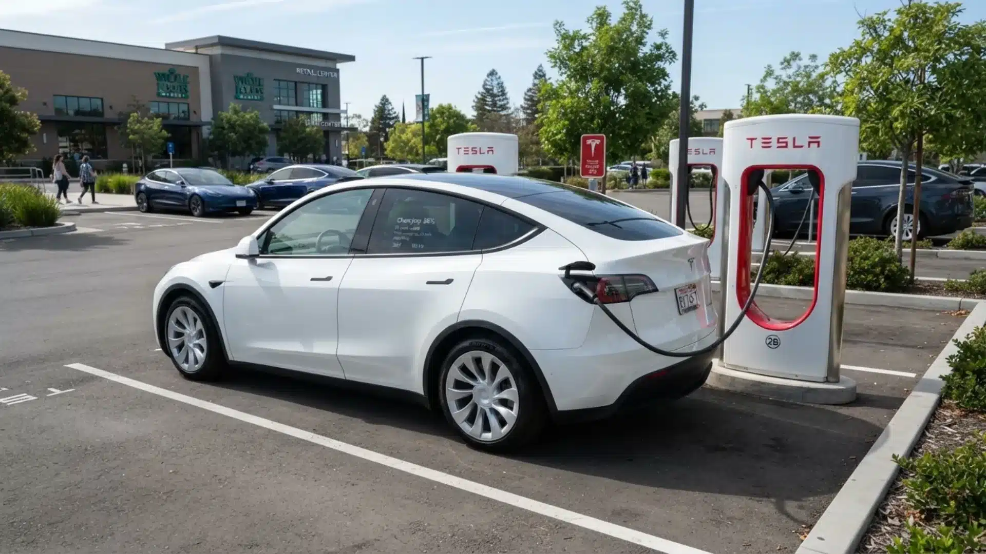 Tesla charging at a Supercharger station showing charge percentage