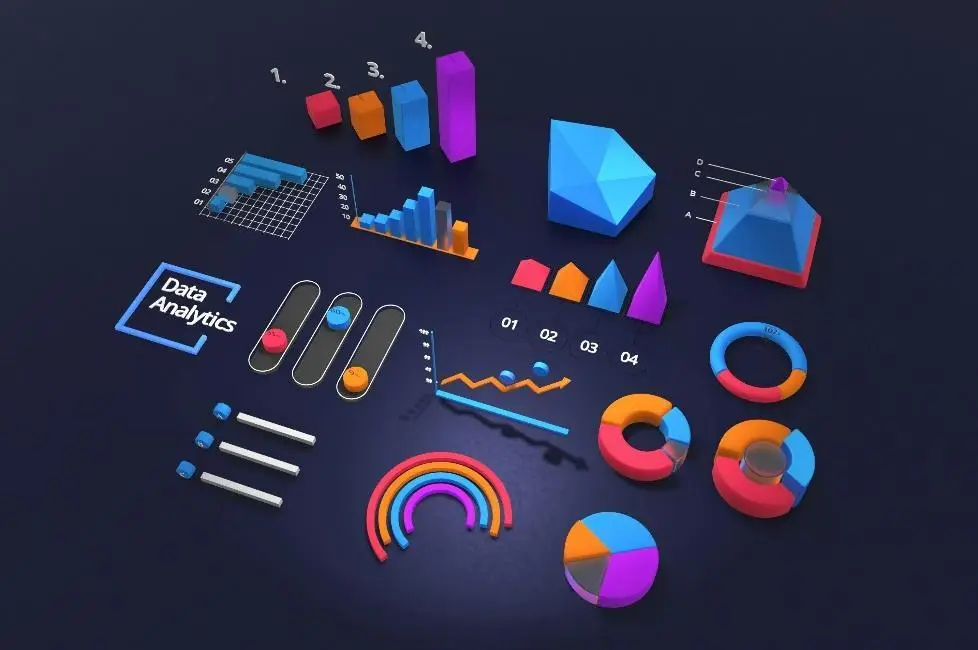 Colorful 3D data analytics charts and graphs on dark background