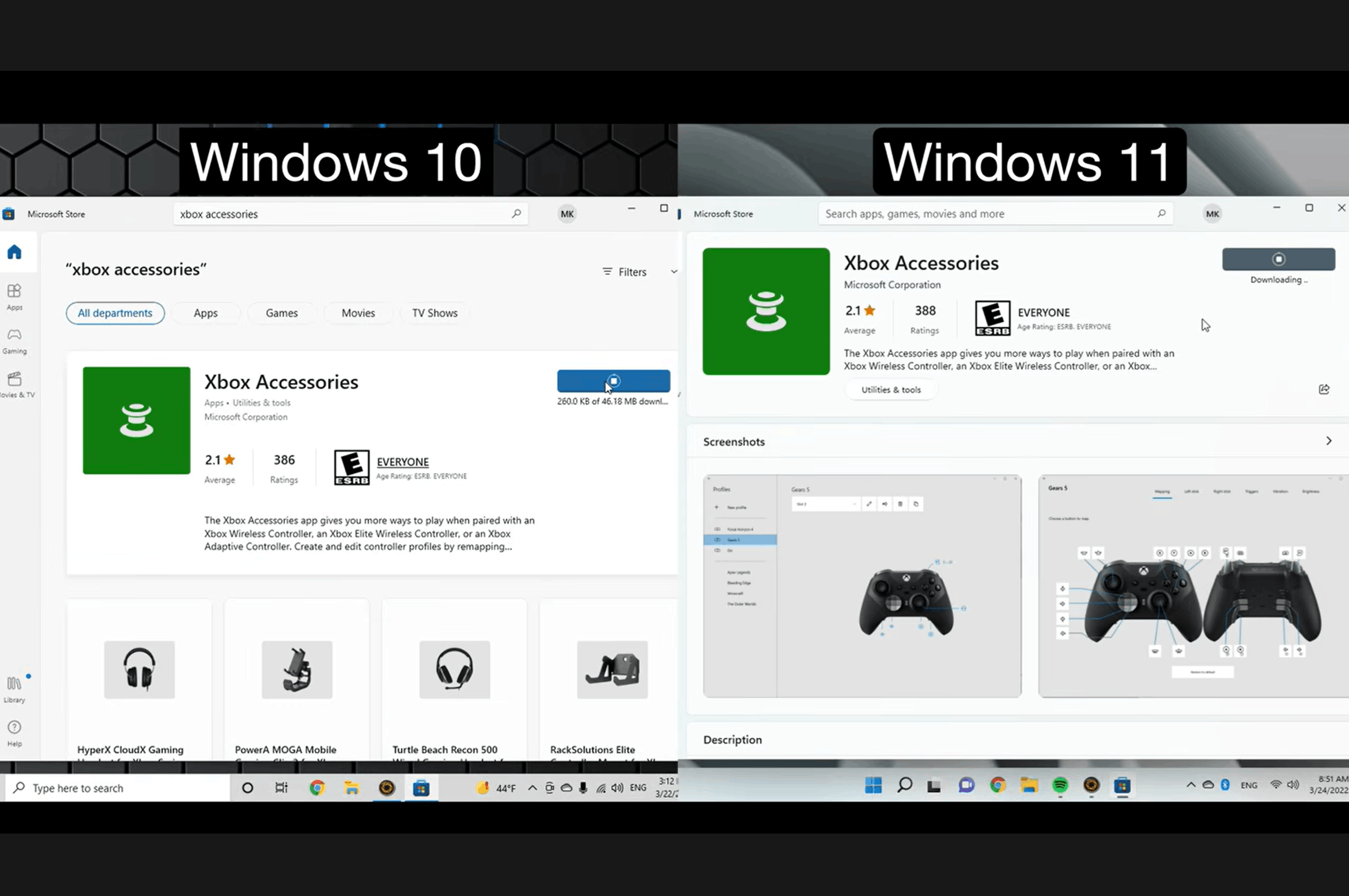 windows 10 and windows 11 microsoft store pages showing the xbox accessories app ready for download and setup