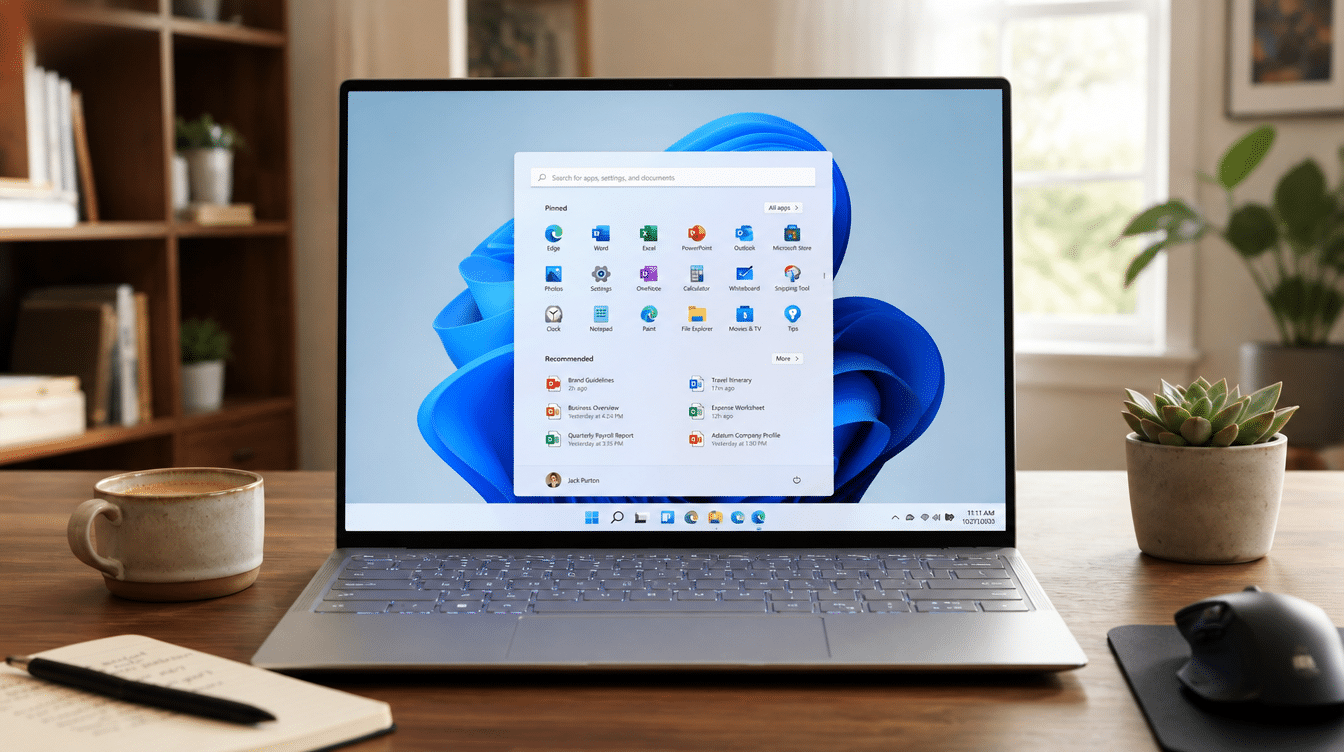 windows 11 desktop interface showing redesigned start menu taskbar and modern computer workspace