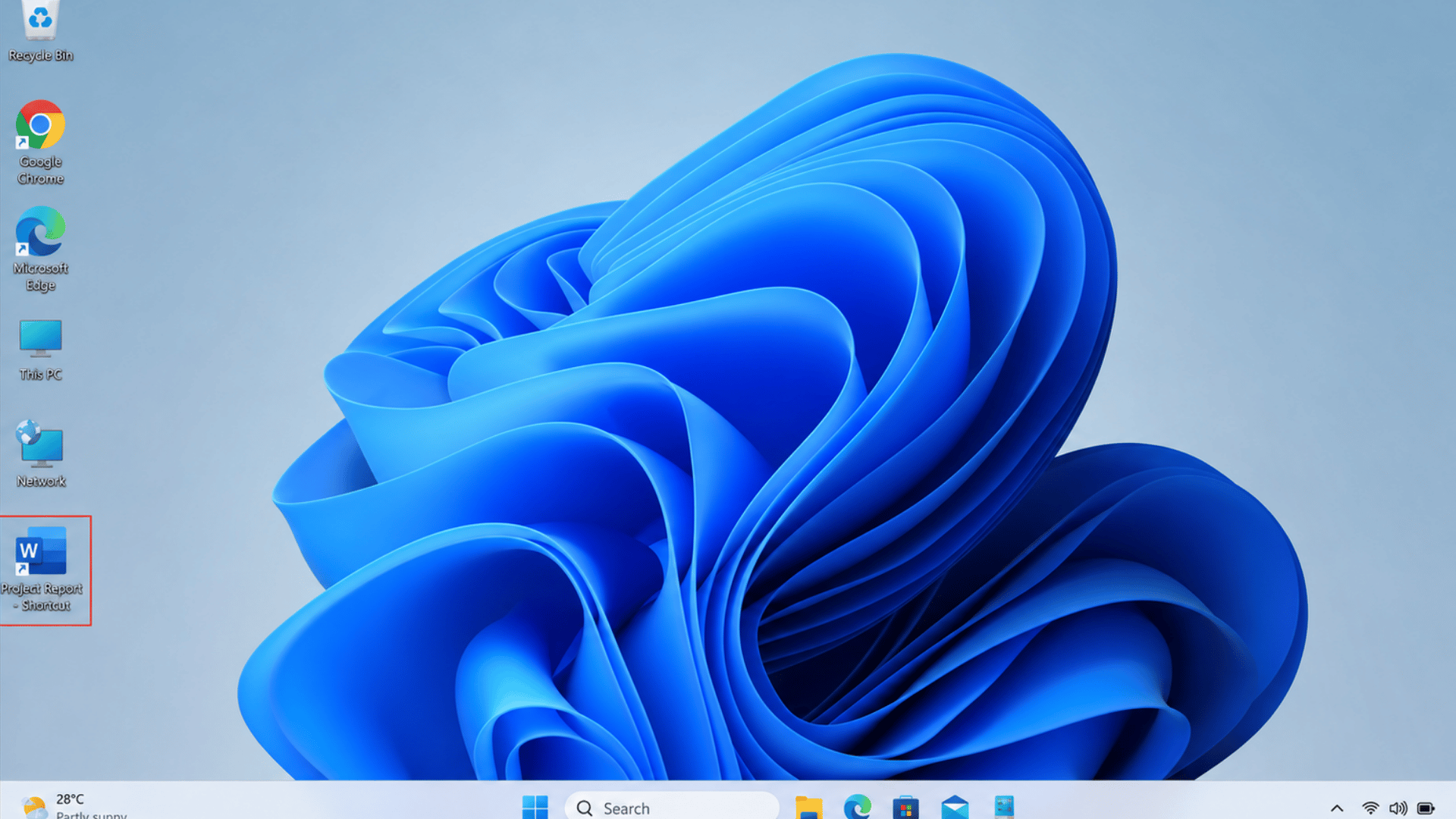 windows 11 desktop with a highlighted project report shortcut on the left and taskbar showing weather apps and system icons at bottom