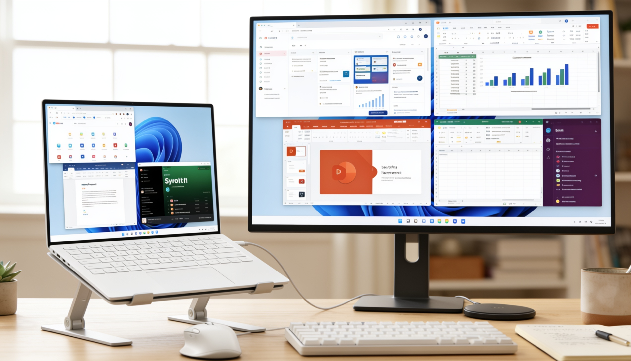 windows 11 laptop and desktop setup showing multitasking with multiple apps running smoothly