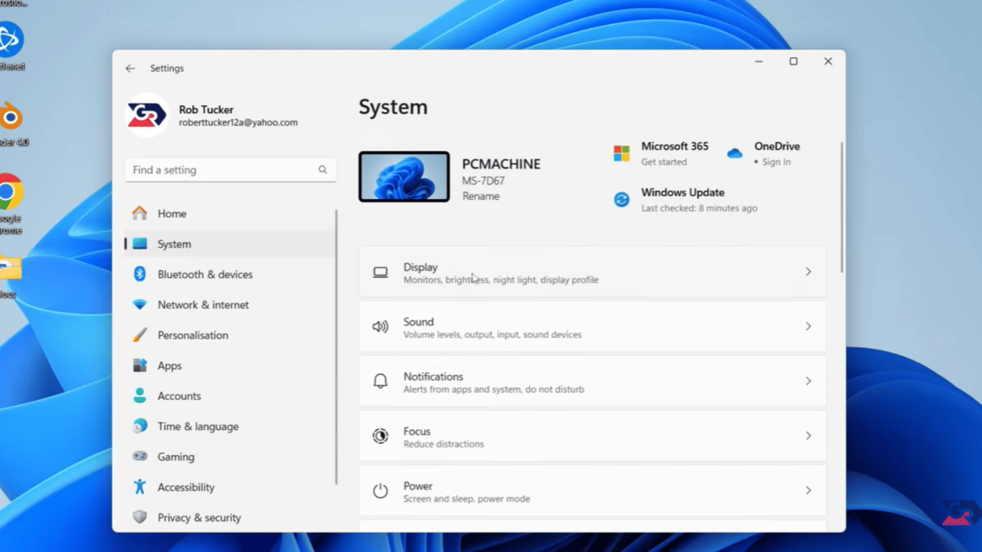 windows 11 settings window open to the system page showing display sound notifications and power options