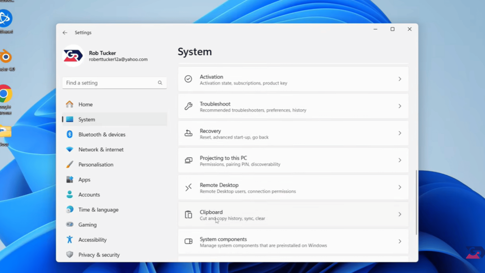 windows 11 system settings showing recovery remote desktop clipboard and troubleshooting options