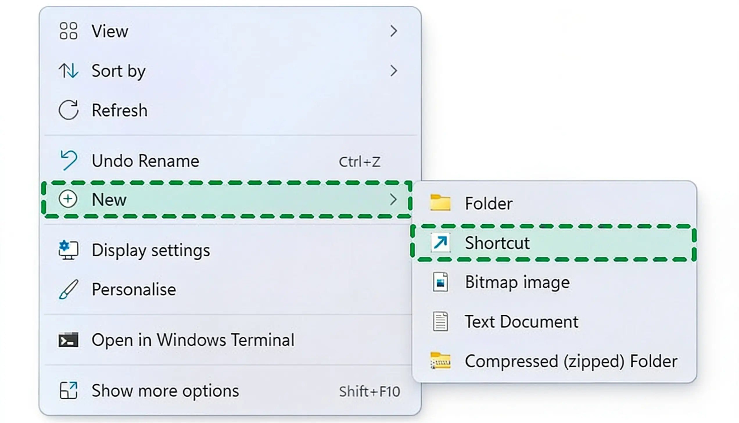 windows desktop context menu showing new shortcut option for creating a ram cleanup shortcut