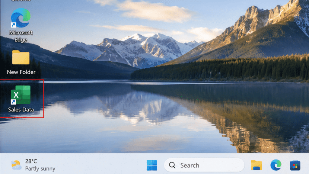 windows desktop with a highlighted sales data excel shortcut on the left over a mountain lake wallpaper and taskbar at bottom (1)