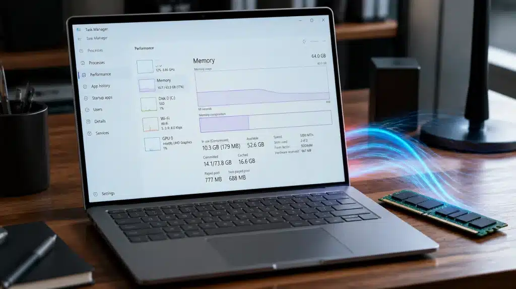 windows laptop showing ram cache clearance with memory usage screen and ram module on desk
