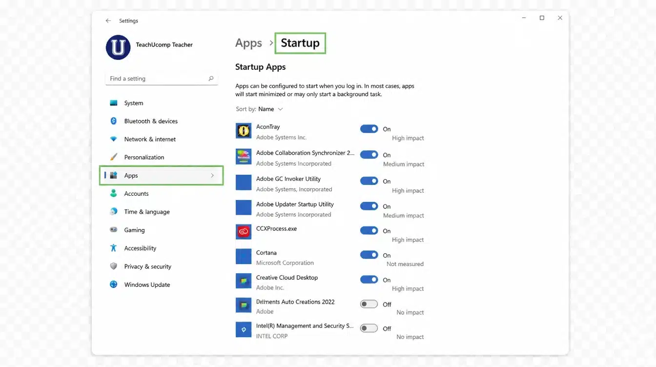 windows settings showing startup apps list with background programs enabled and disabled to manage memory