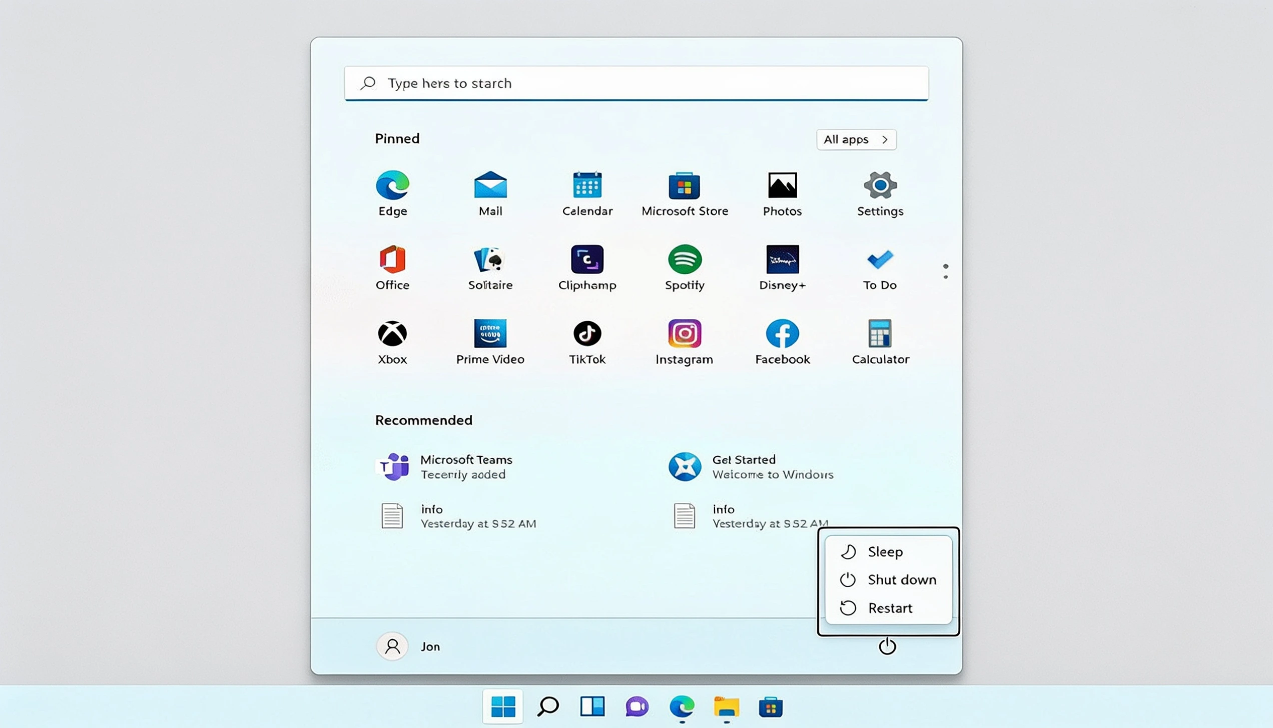 windows start menu showing restart option selected to refresh system memory and clear temporary data