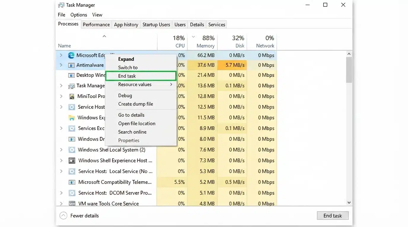 windows task manager showing high memory usage with end task option selected for closing apps