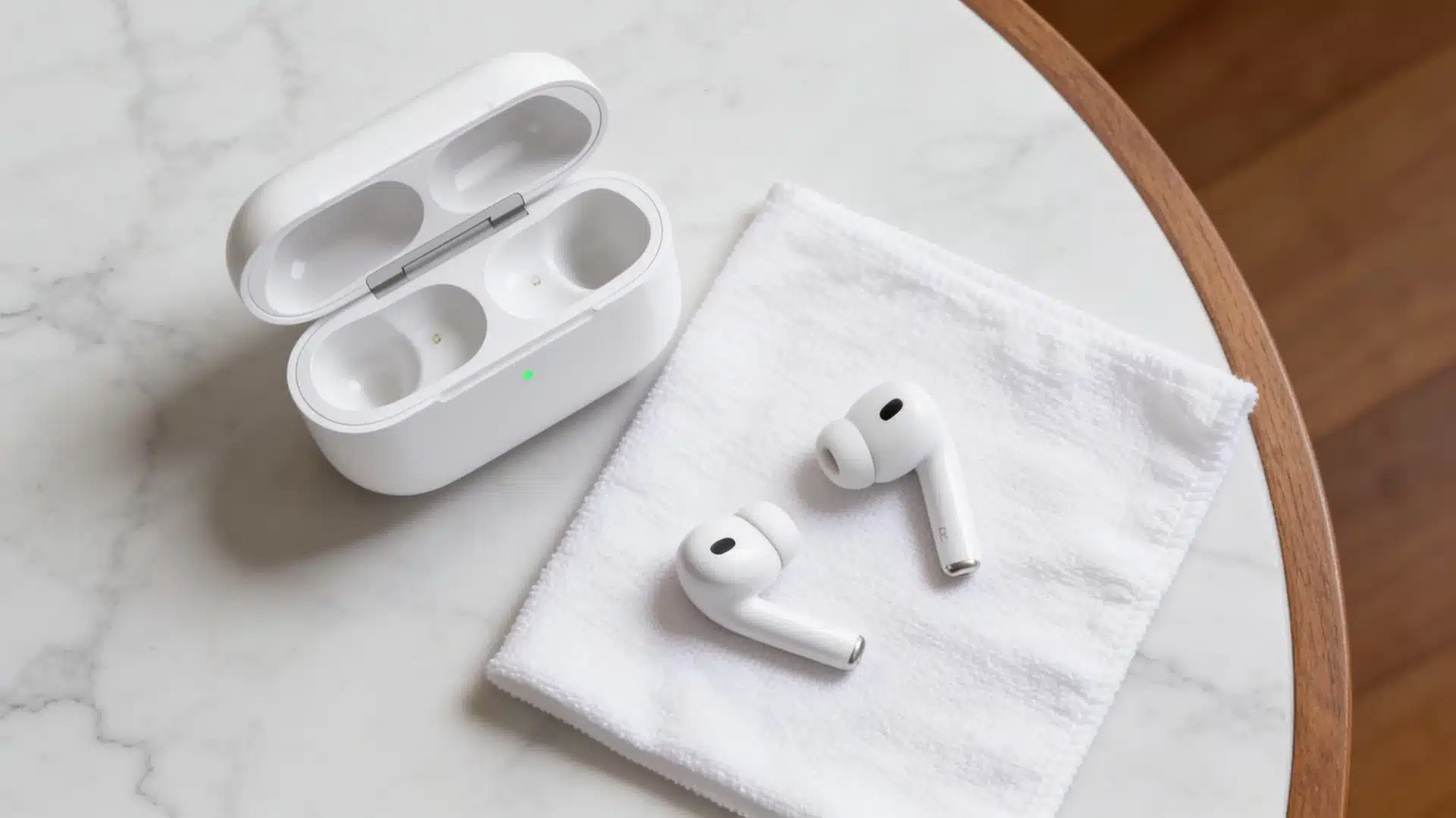 Wireless earbuds drying on a white towel beside an open charging case on a marble table