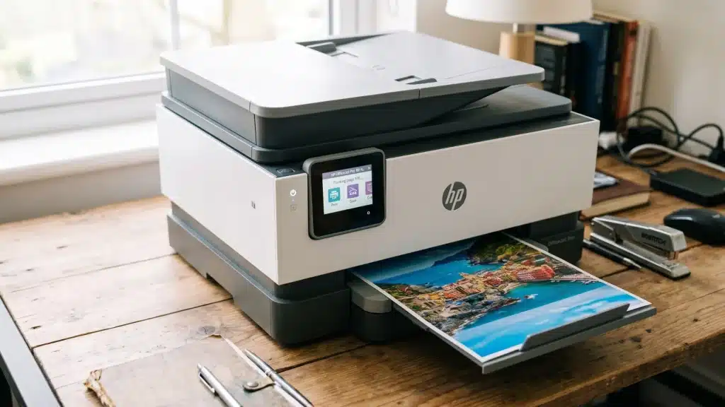 Wireless home office printer producing vibrant photo prints on a wooden desk beside office supplies