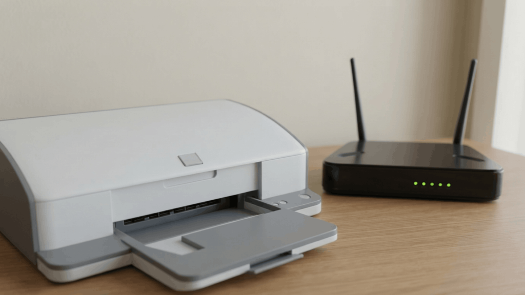 wireless printer placed beside a wifi router on a desk showing a typical home wireless printing setup