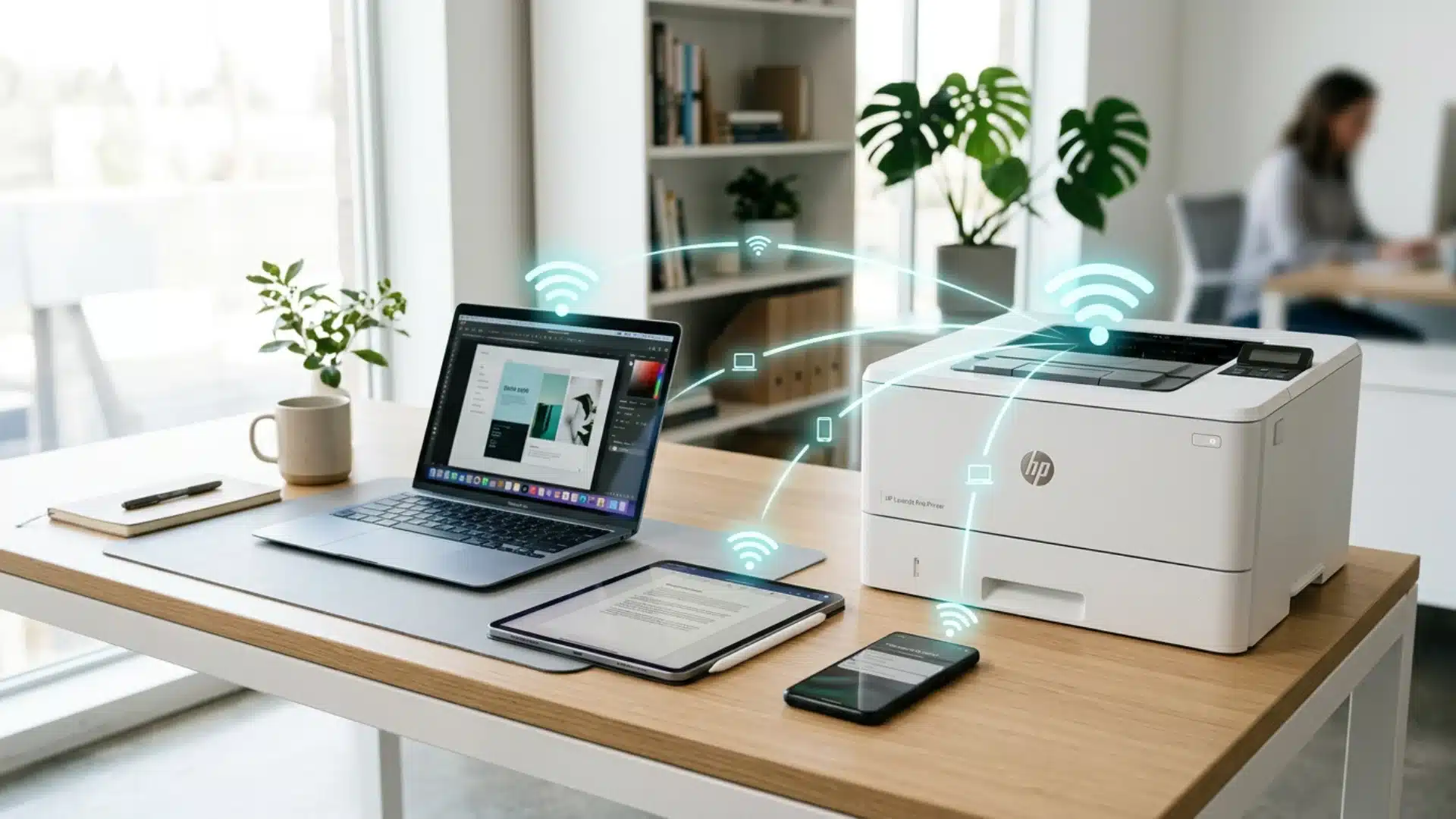 Wireless printer connected to laptop, tablet, and smartphone in a modern office