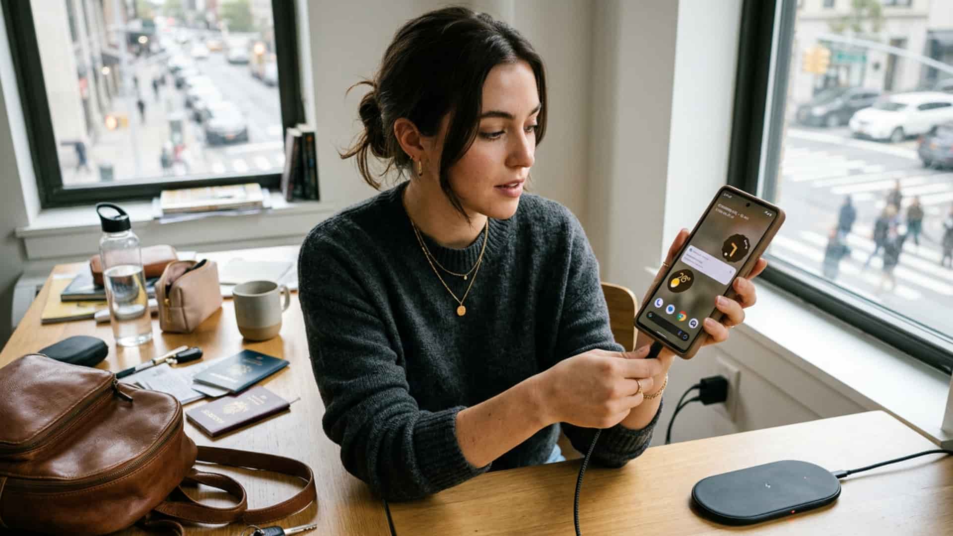 Woman charging her phone beside a wireless charging pad