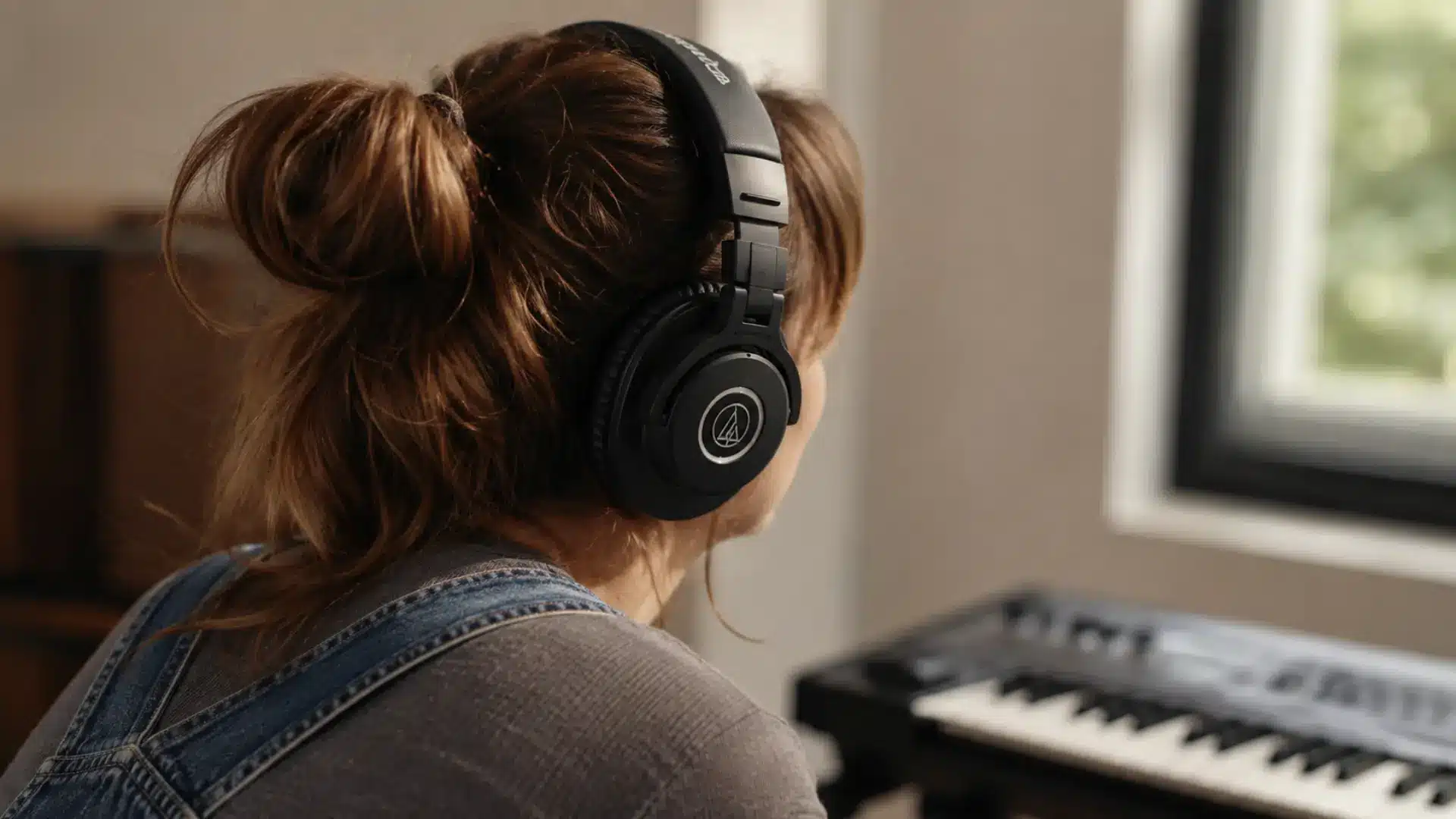 Woman wearing Audio-Technica ATH-M40x headphones from the rear in a bright home studio with the headphones in sharp focus