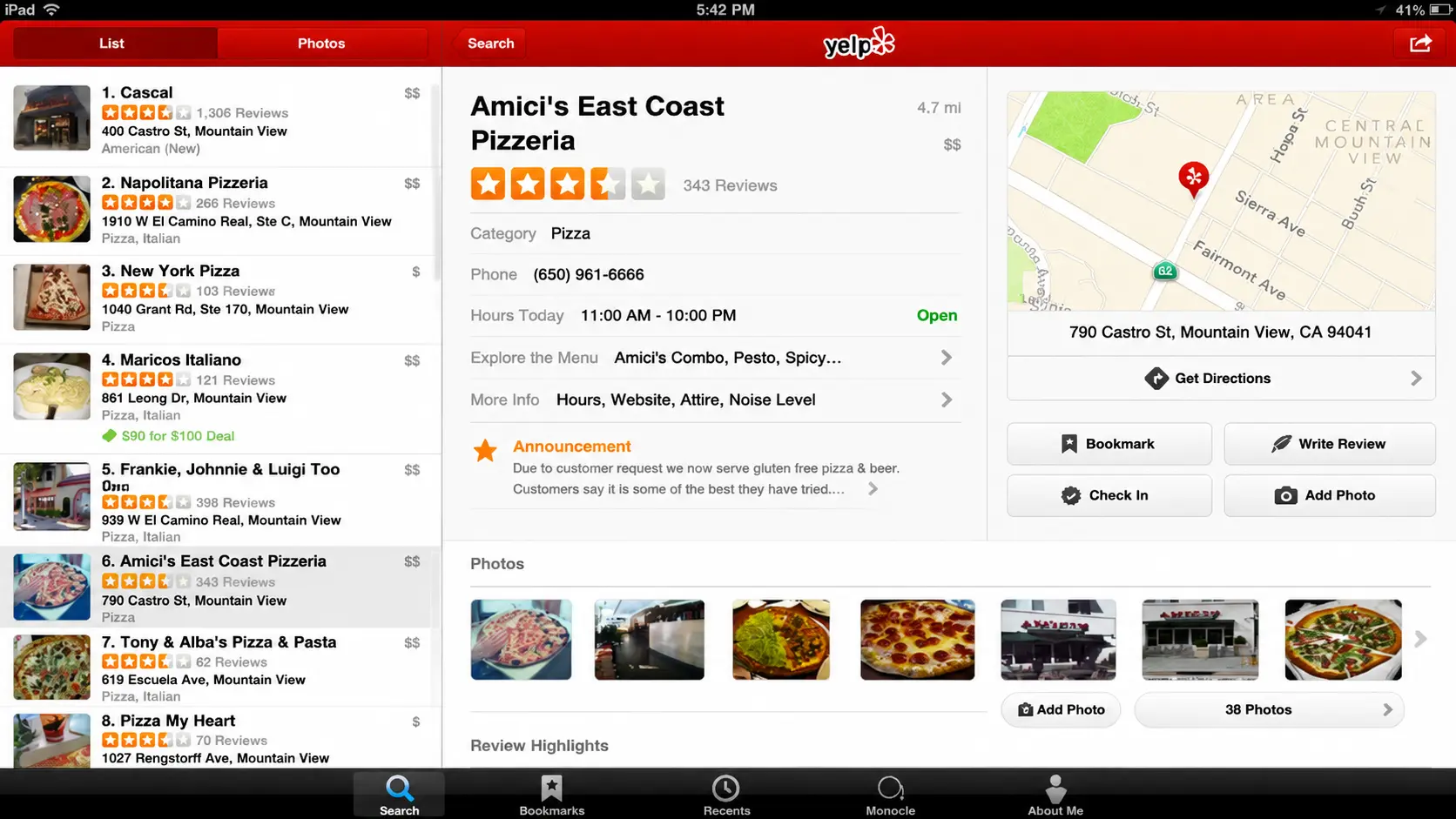 yelp app showing restaurant reviews ratings and location details for finding food stops on road trips