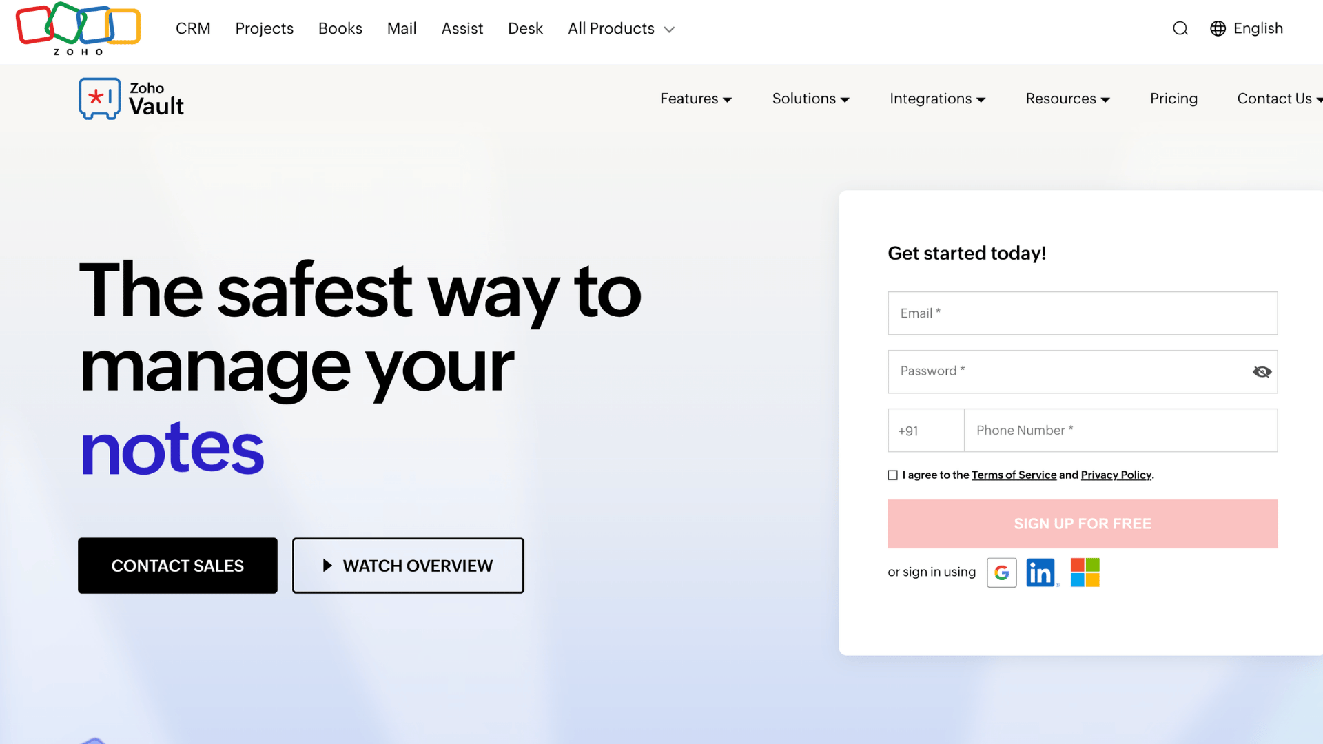 zoho vault homepage promoting secure password and notes management with free signup contact sales and feature navigation