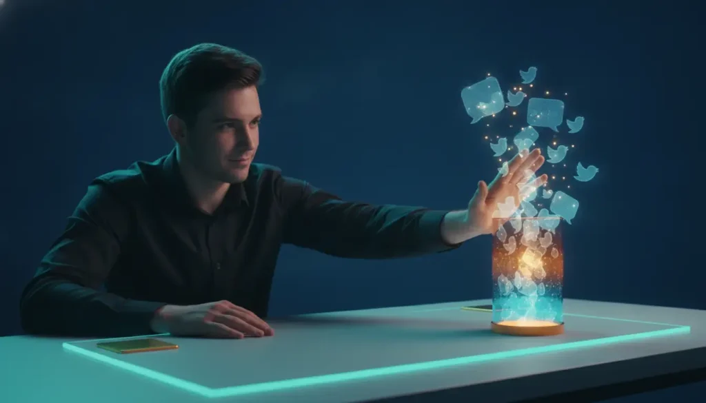 Man interacting with glowing social media icons above an illuminated table in a dimly lit room
