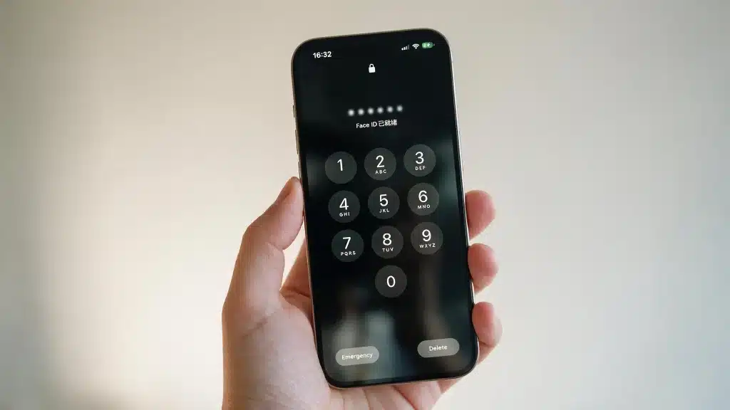 a close up photo of an iphone showing the lock screen passcode keypad, held in one hand against a plain, softly lit background