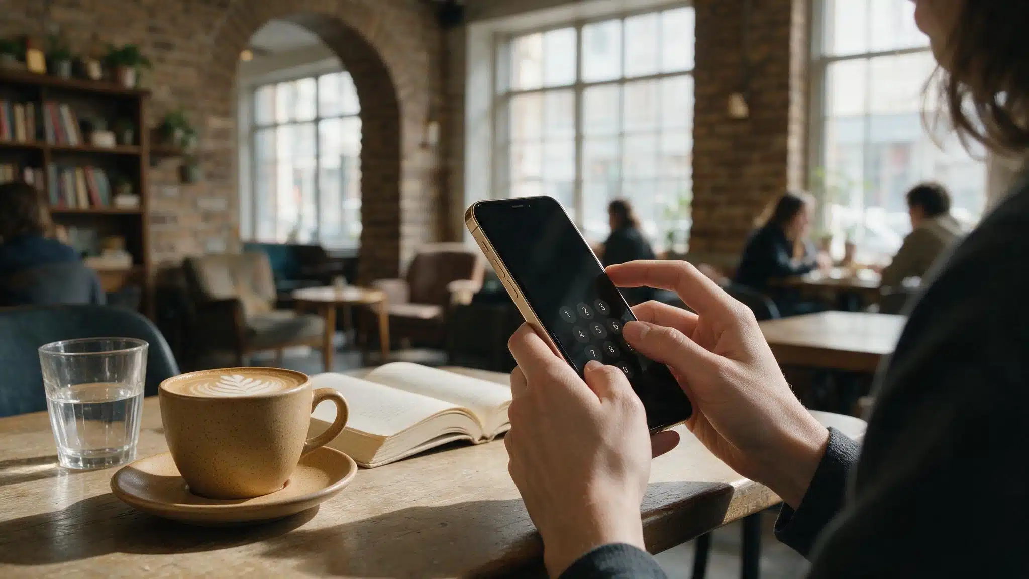 a lifestyle photo of someone typing a passcode on their iphone while seated at a table, the phone screen angled away from the camera.