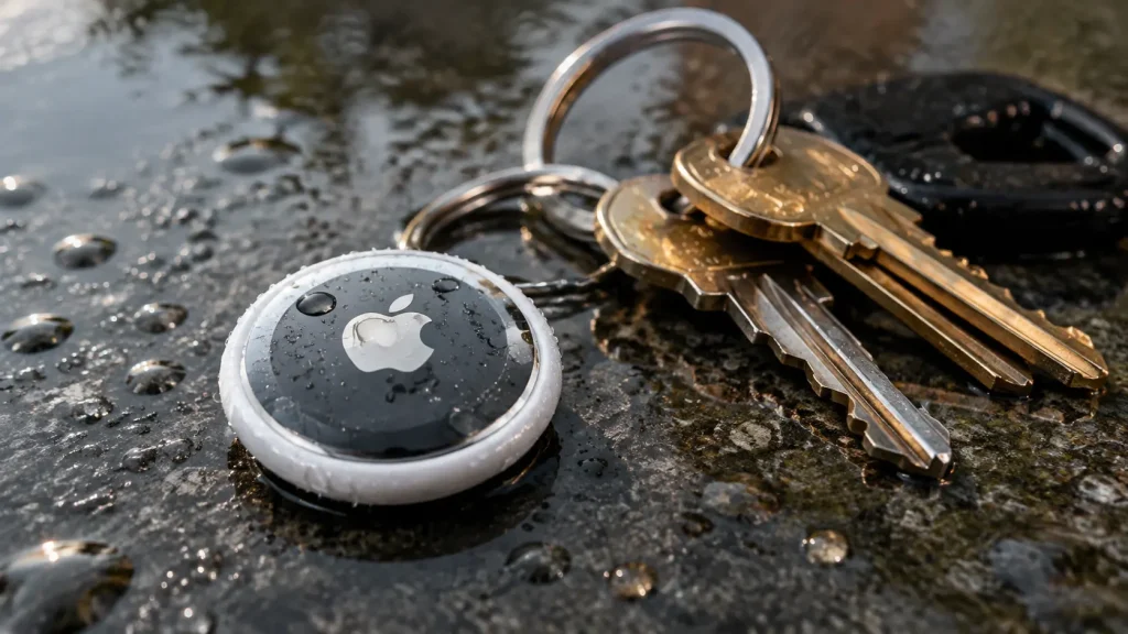 airtag device placed near water droplets showing water resistance for everyday outdoor use