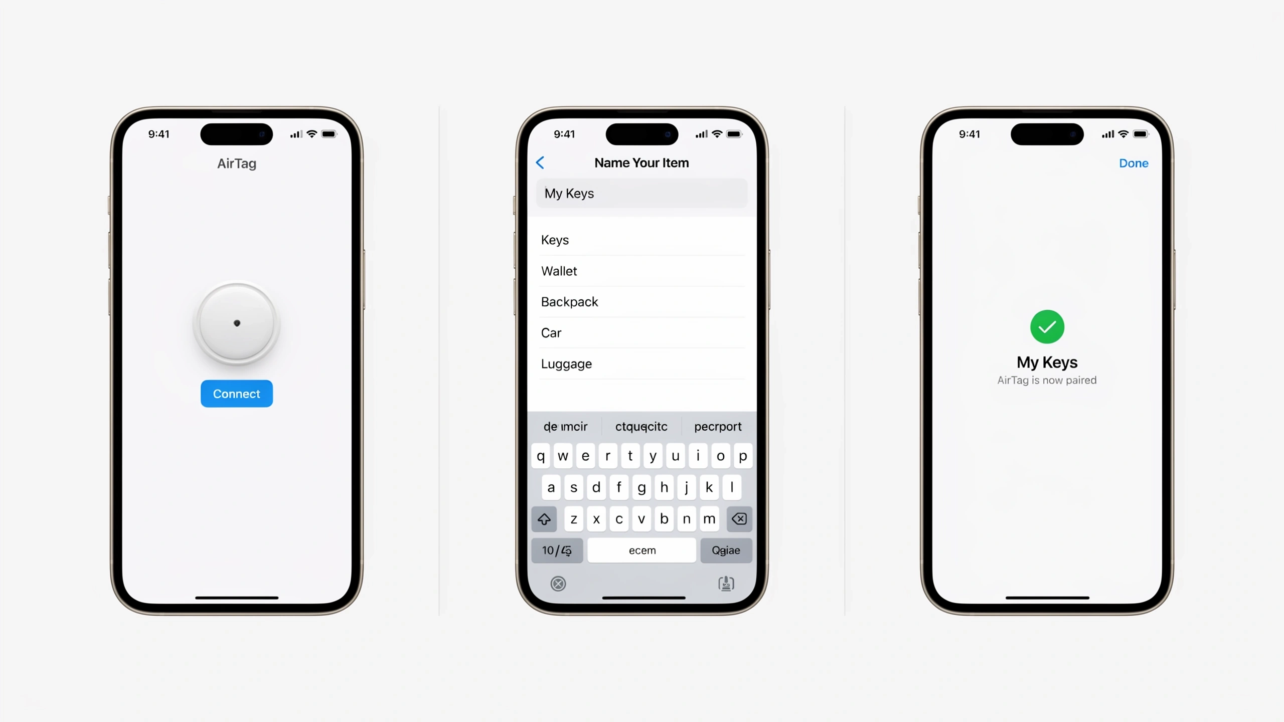 airtag iphone setup screens showing connect button item naming and successful device pairing process