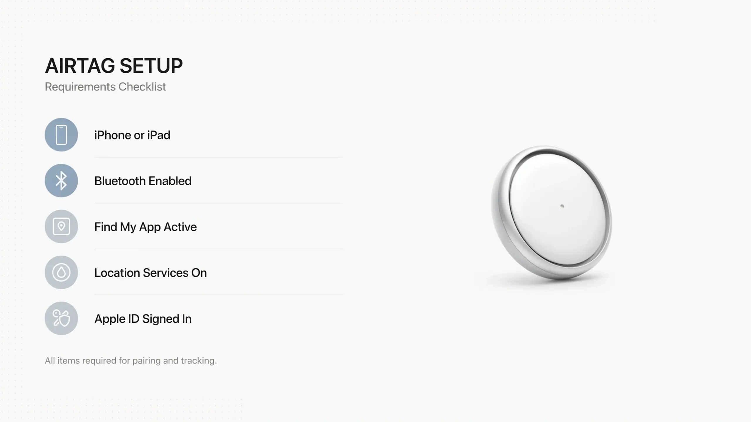 airtag setup checklist showing iphone bluetooth find my app and apple id requirements for pairing