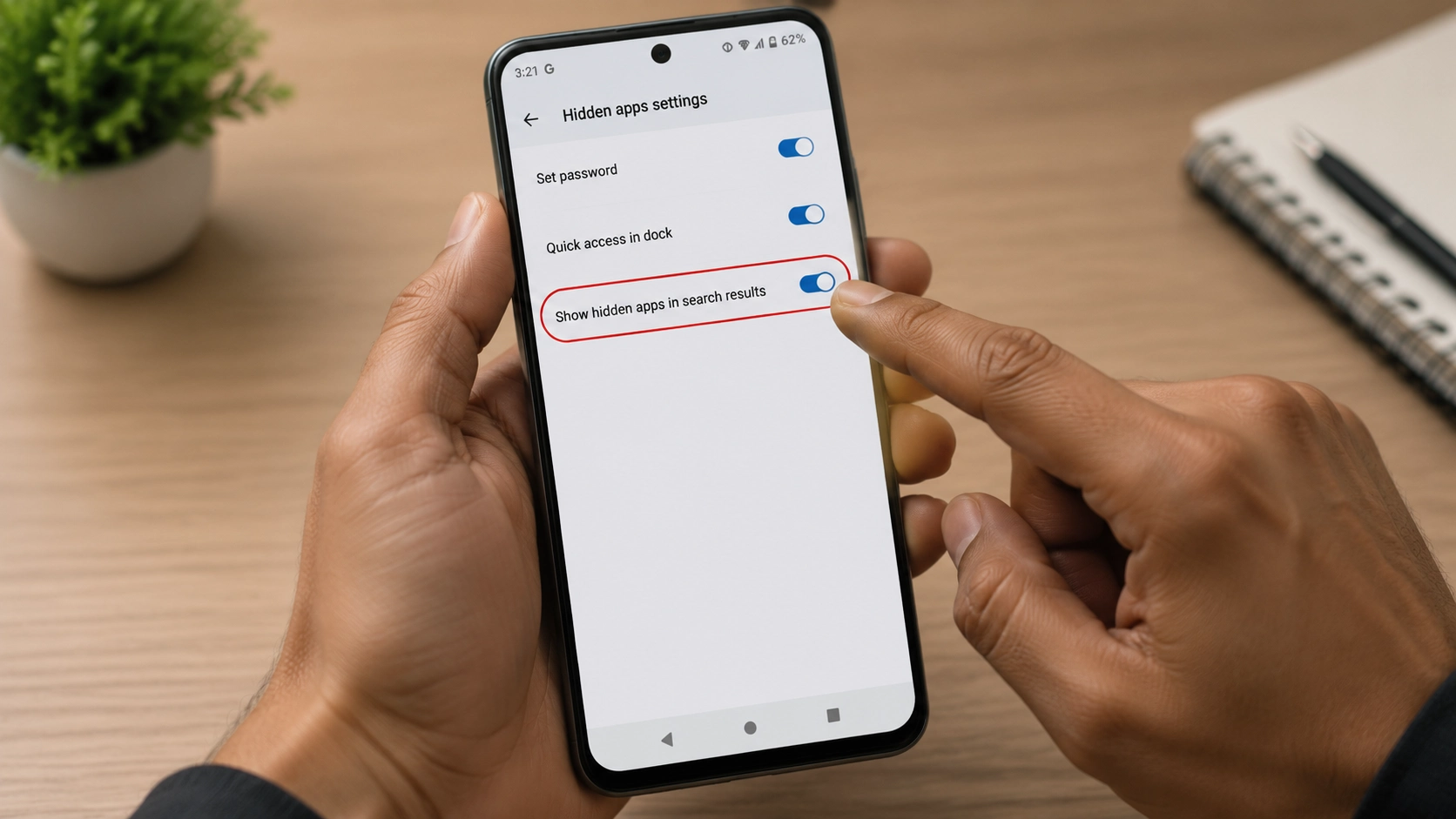 Android settings toggle to show hidden apps in search results