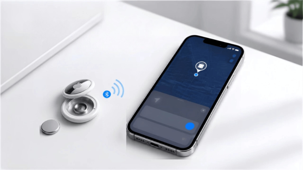 apple airtag beside iphone showing find my app connection for device setup and tracking process