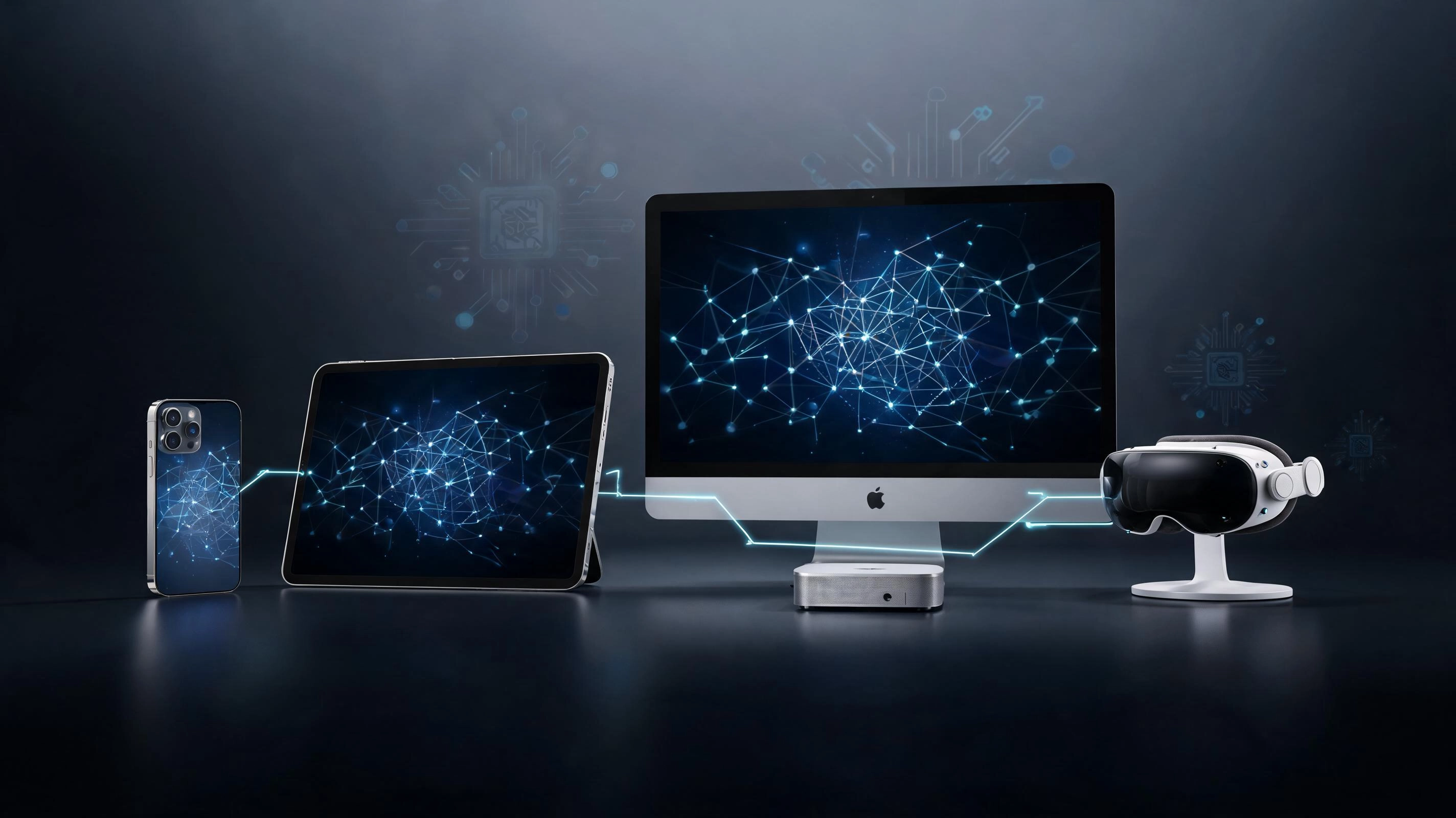 apple devices including iphone ipad mac and apple vision pro connected through ai neural network graphics on a dark futuristic background