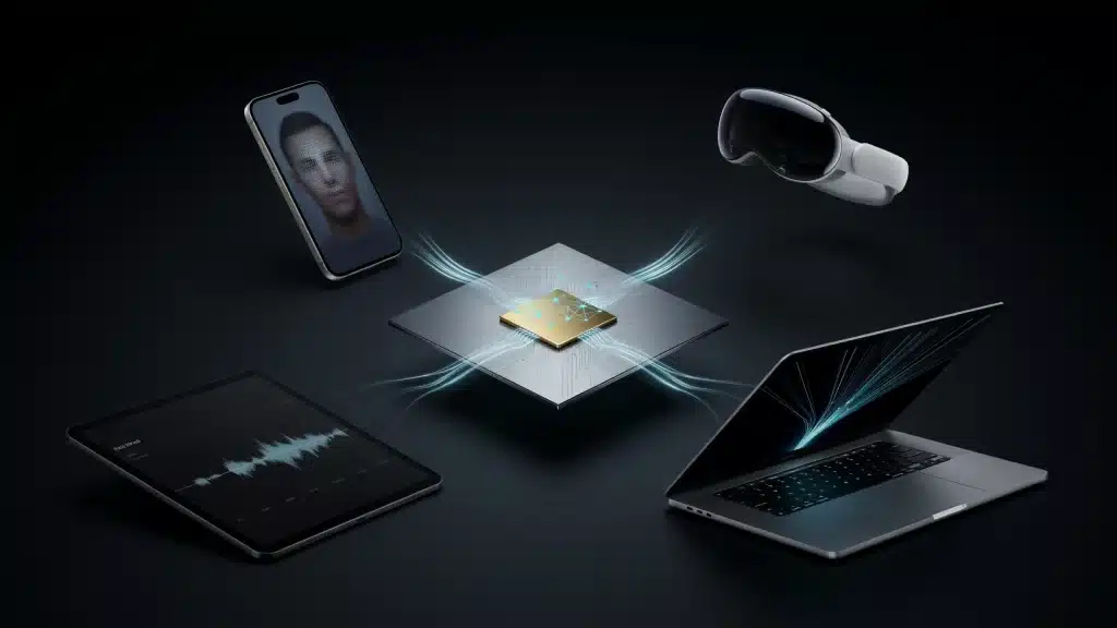 apple devices including iphone ipad mac and apple vision pro connected to a central neural engine chip with ai processing signals