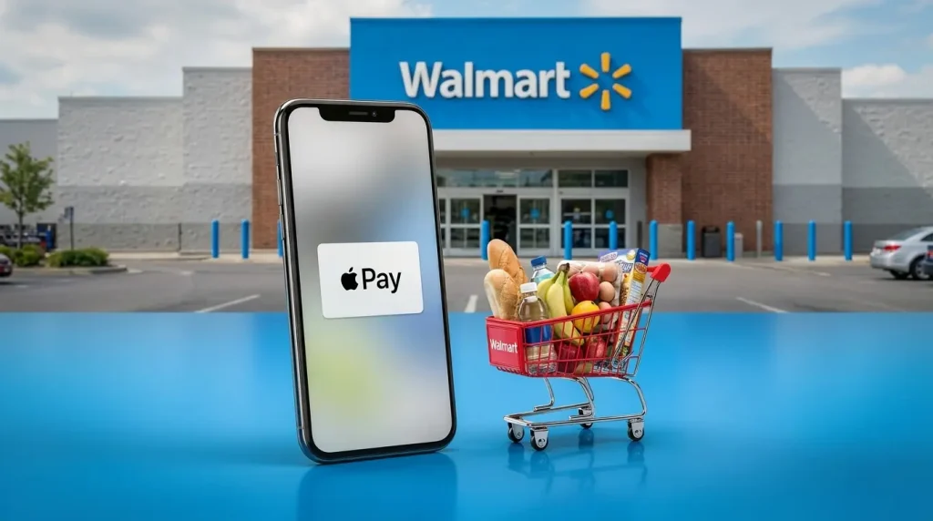Apple Pay symbol beside a grocery cart with a Walmart store visible in the background.