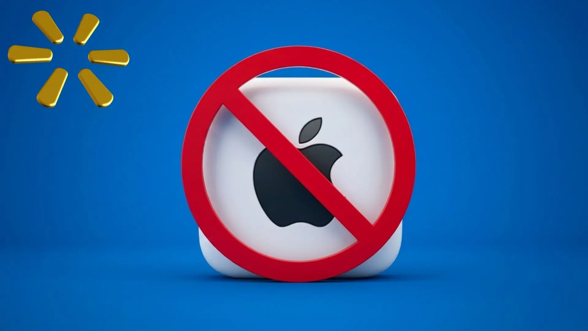 Alt text Apple Pay symbol crossed out against Walmart blue, showing that Walmart does not accept Apple Pay.