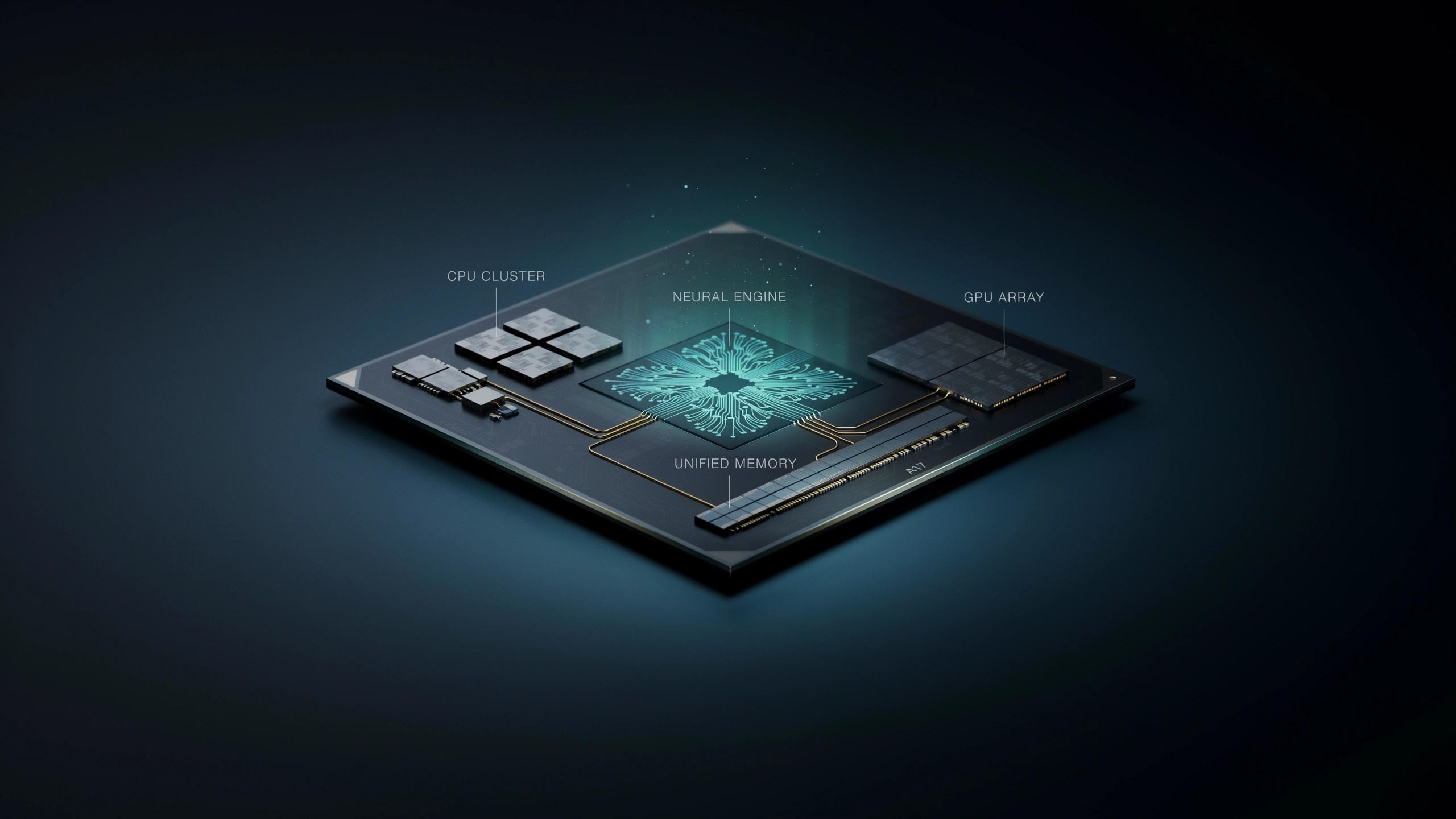 apple a17 chip architecture showing cpu cluster gpu array neural engine and unified memory components on a semiconductor board