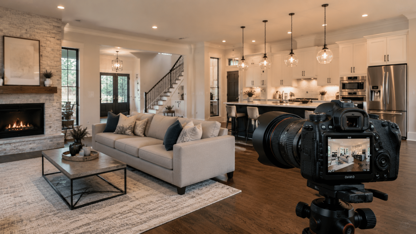 best wide angle lens for real estate interior photography with camera on tripod in modern living room and kitchen