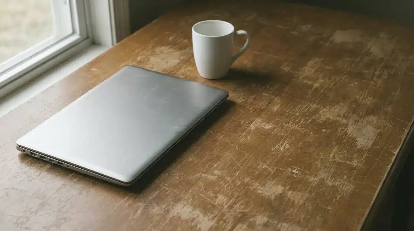 Laptop and white coffee mug on wooden table near window in natural light