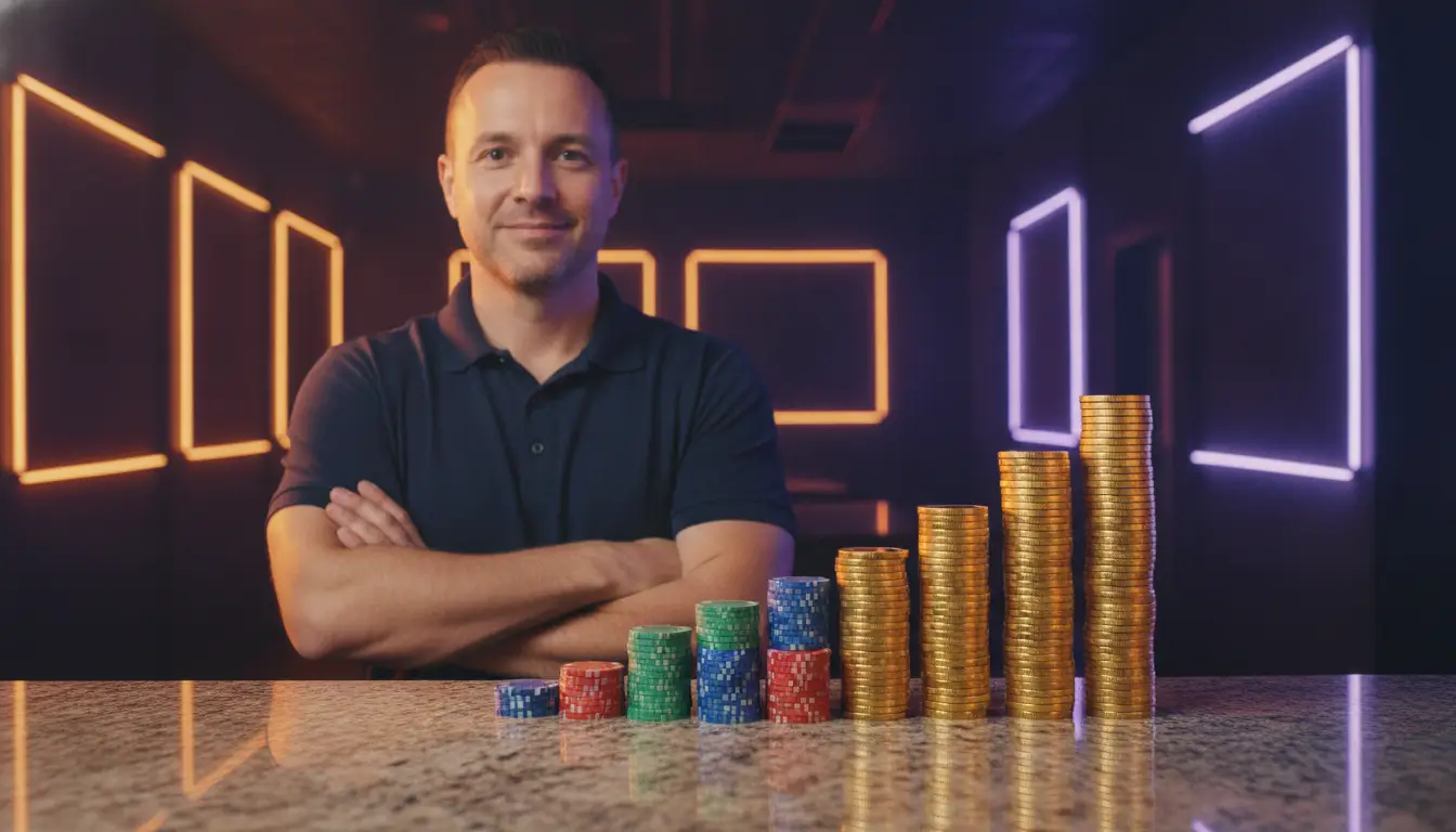 Man with crossed arms behind stacks of colorful poker chips and coins in dimly lit room