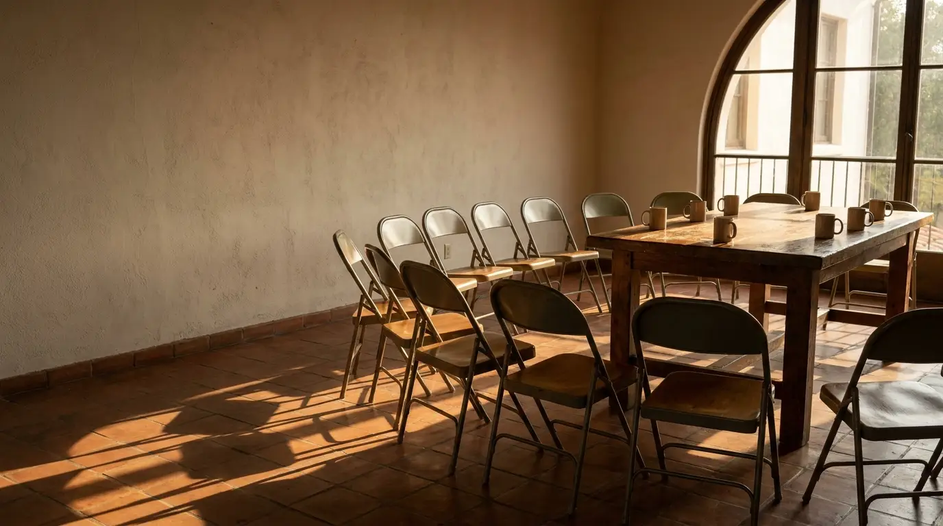 Empty folding chairs around wooden table with coffee mugs in sunlit room with terracotta floor
