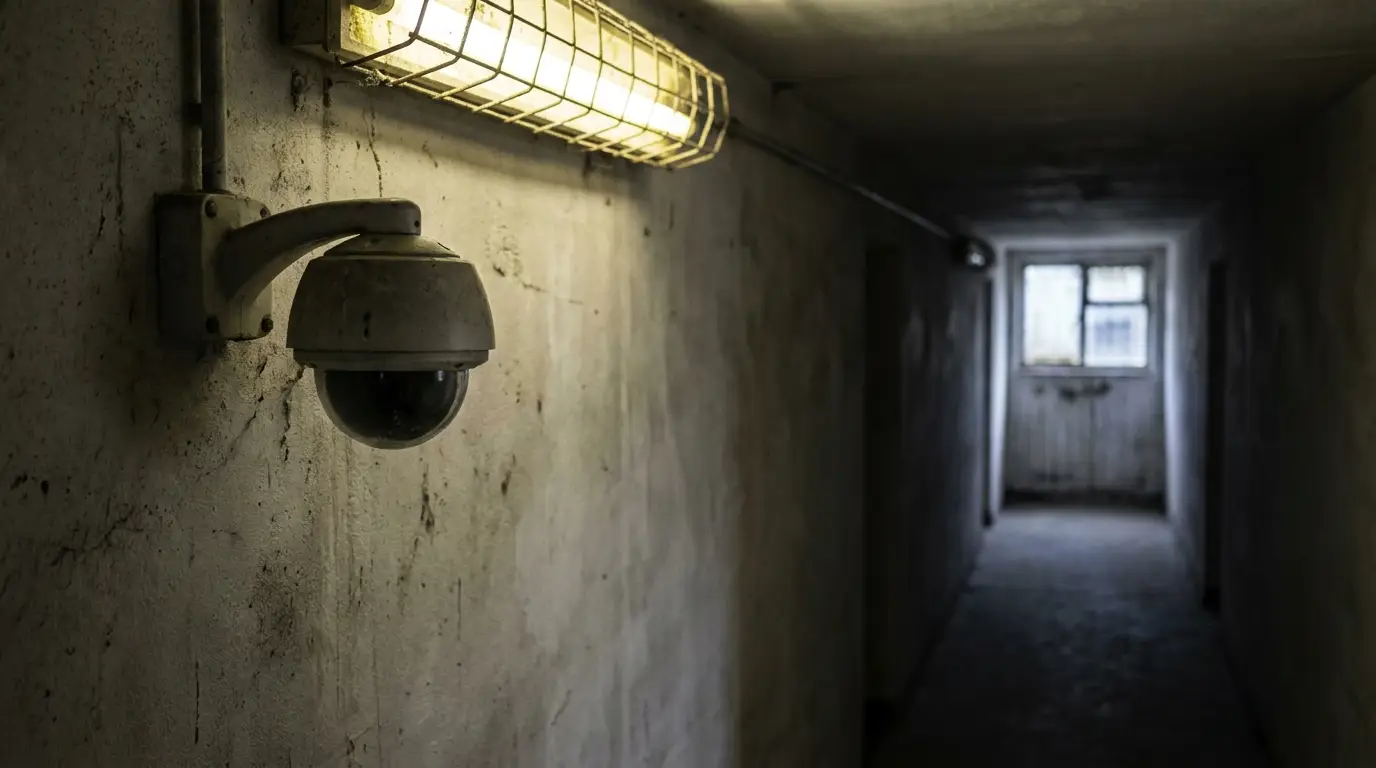 Surveillance camera mounted on wall in dimly lit concrete hallway