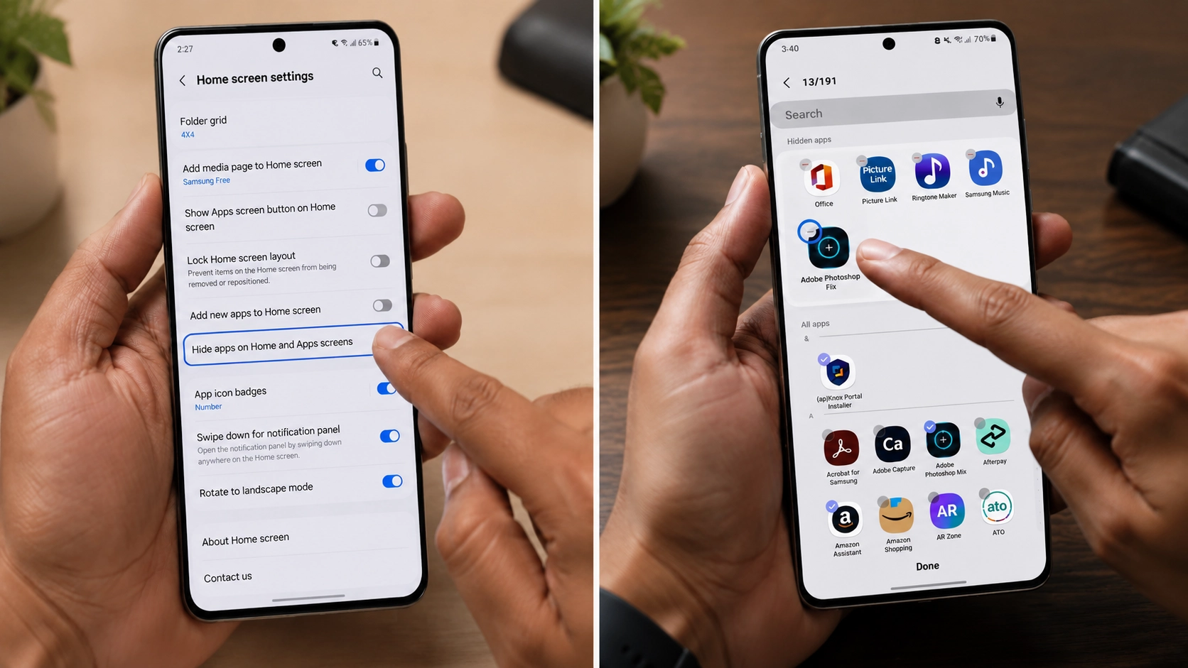 person holding android phone showing samsung home screen settings and hidden apps list to restore applications