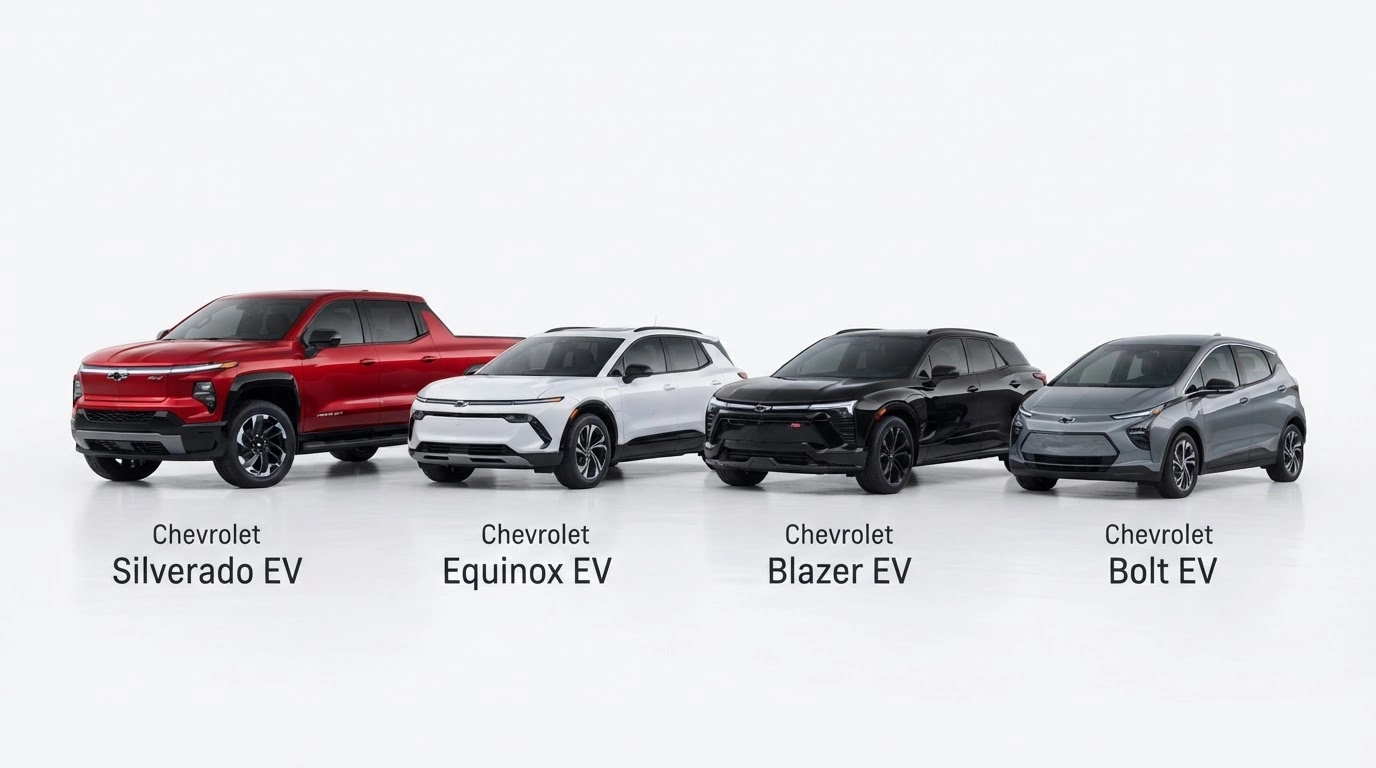chevrolet electric vehicle lineup with silverado ev equinox ev blazer ev and bolt ev on white background