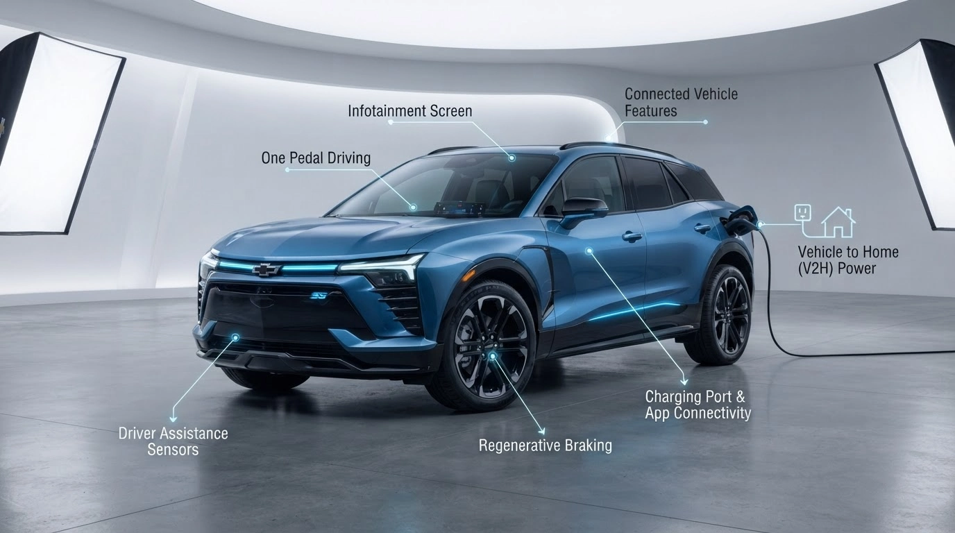 chevrolet ev showing smart technology features with charging connectivity and driver assistance systems