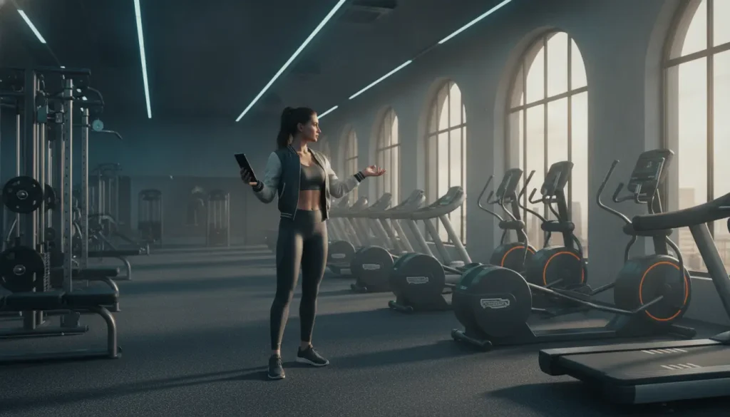 Woman in athletic wear holding smartphone in modern gym with treadmills and exercise equipment