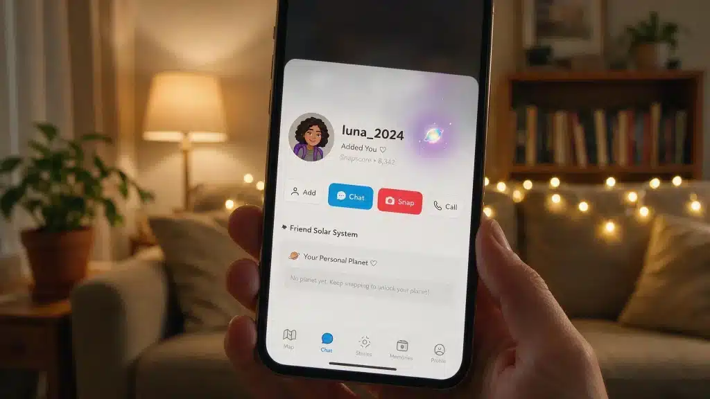 Close up of a hand holding a phone showing a Snapchat friend's profile with a small planet badge glowing next to their nam
